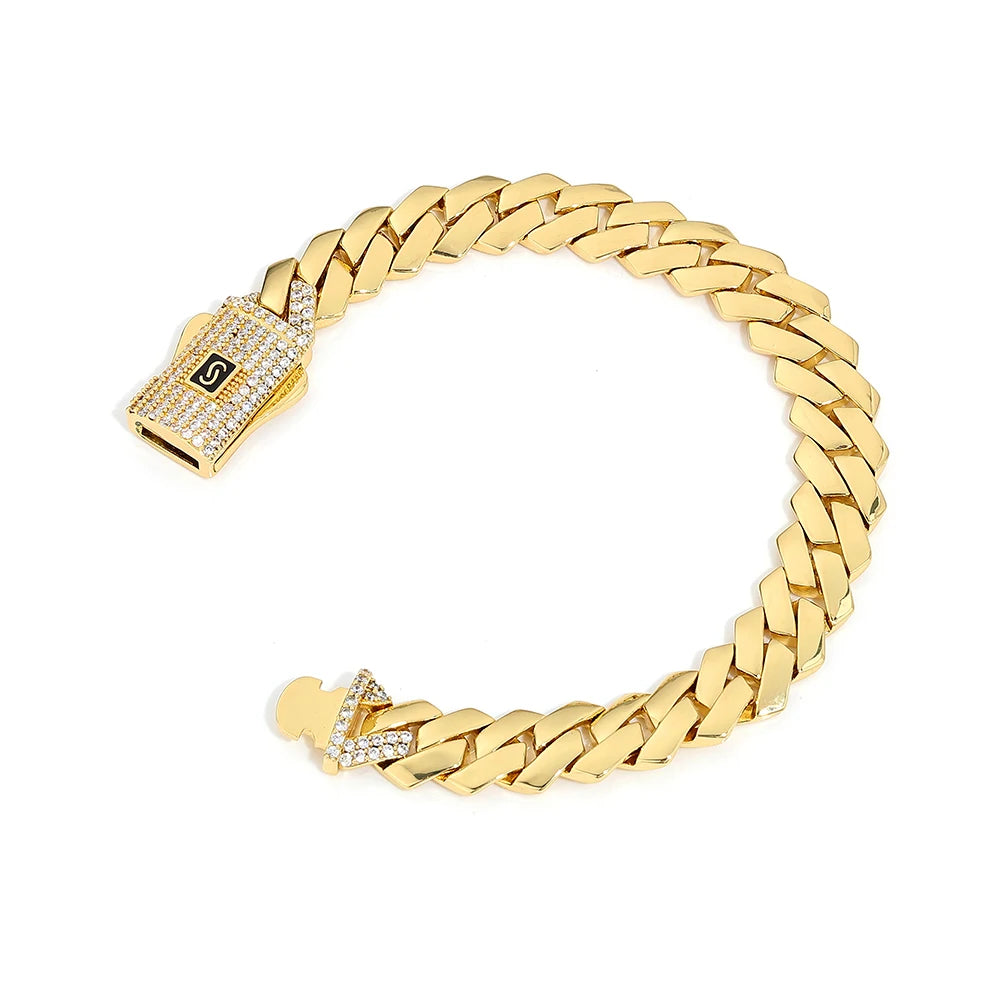 HHIOK Gold Silver Rose Gold Miami Cuban Link Bracelet Men Copper Zircon Iced Out Box Clasp Hip Hop Jewelry