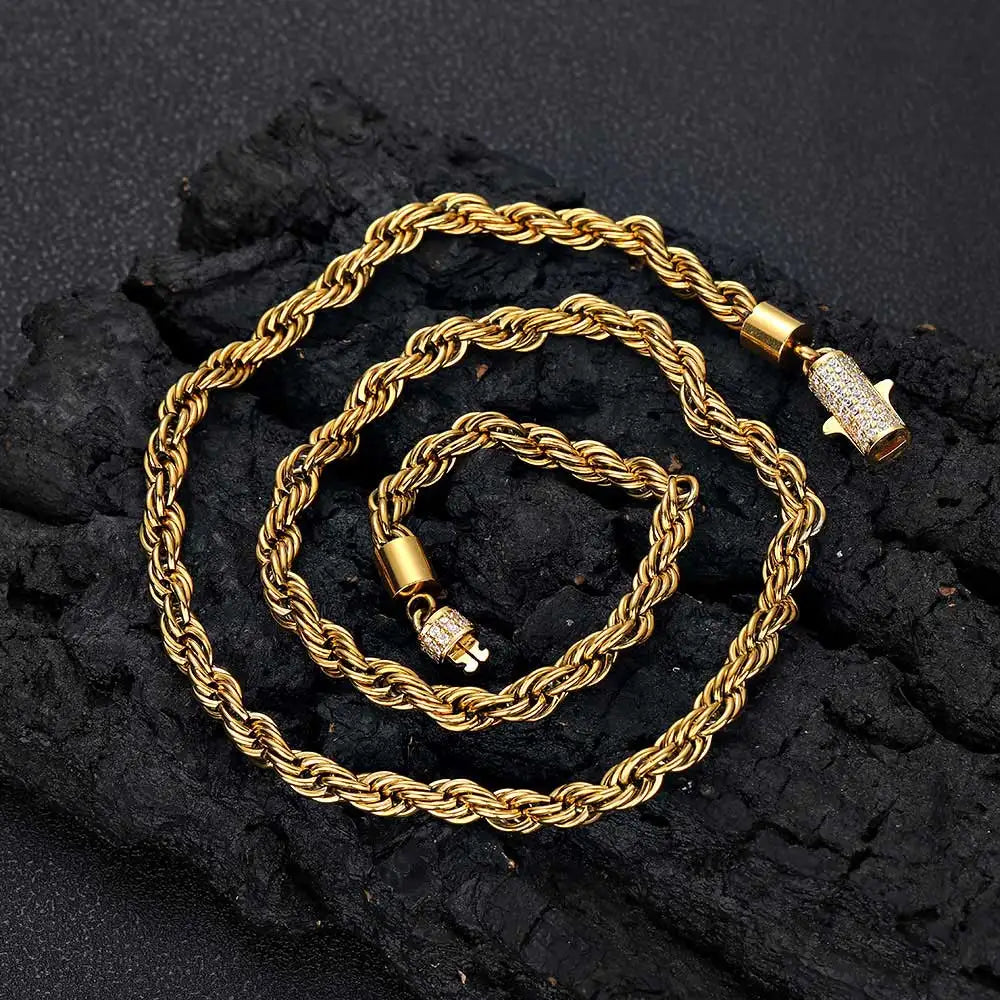 6mm Stainless Steel Rope Chain Necklace With Iced Out CZ Clasp Hip Hop Link For Women/Men
