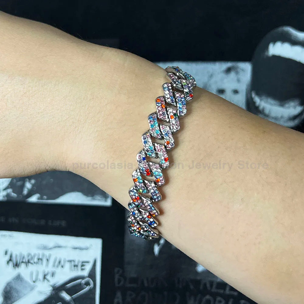 14mm Black Grey Bracelet Hip Hop Men Women Cuban Chain Bling Iced Out Rhinestones Paved Miami Necklace Jewelry