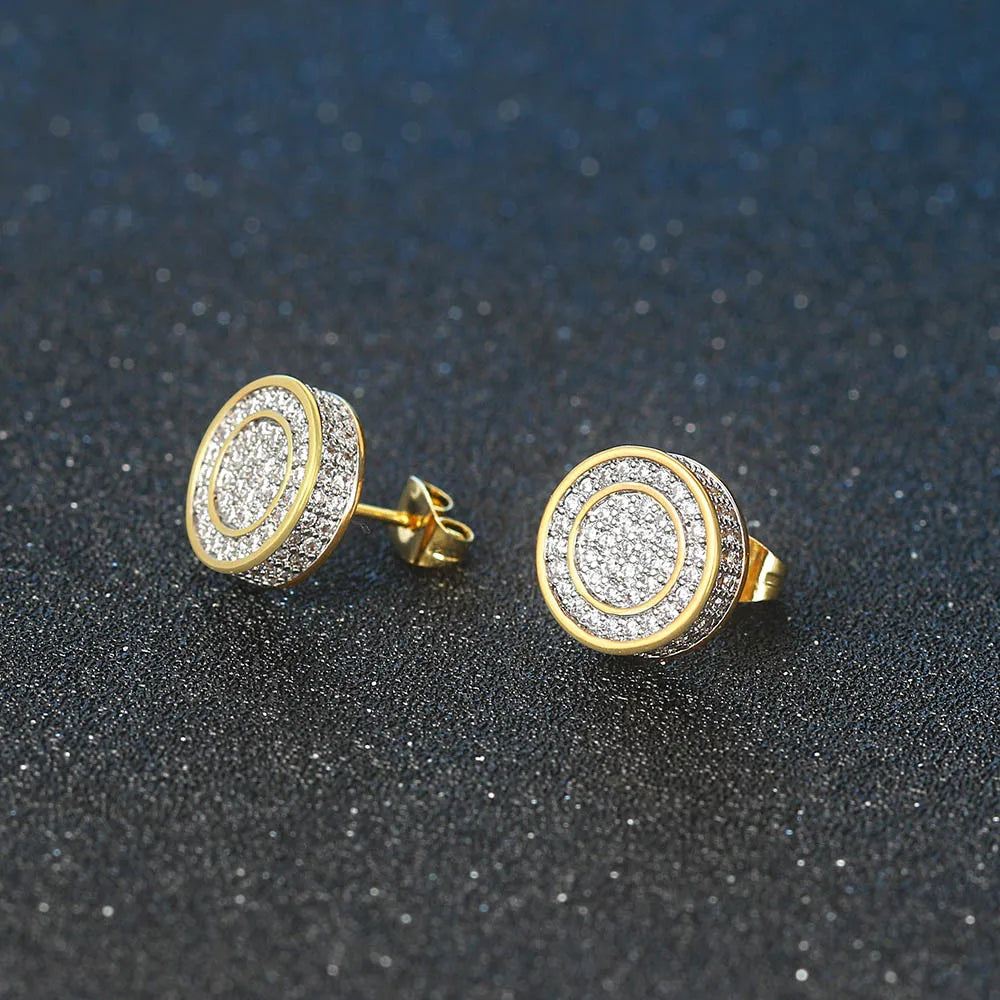 Iced Out Round Stud Earrings — Gold
