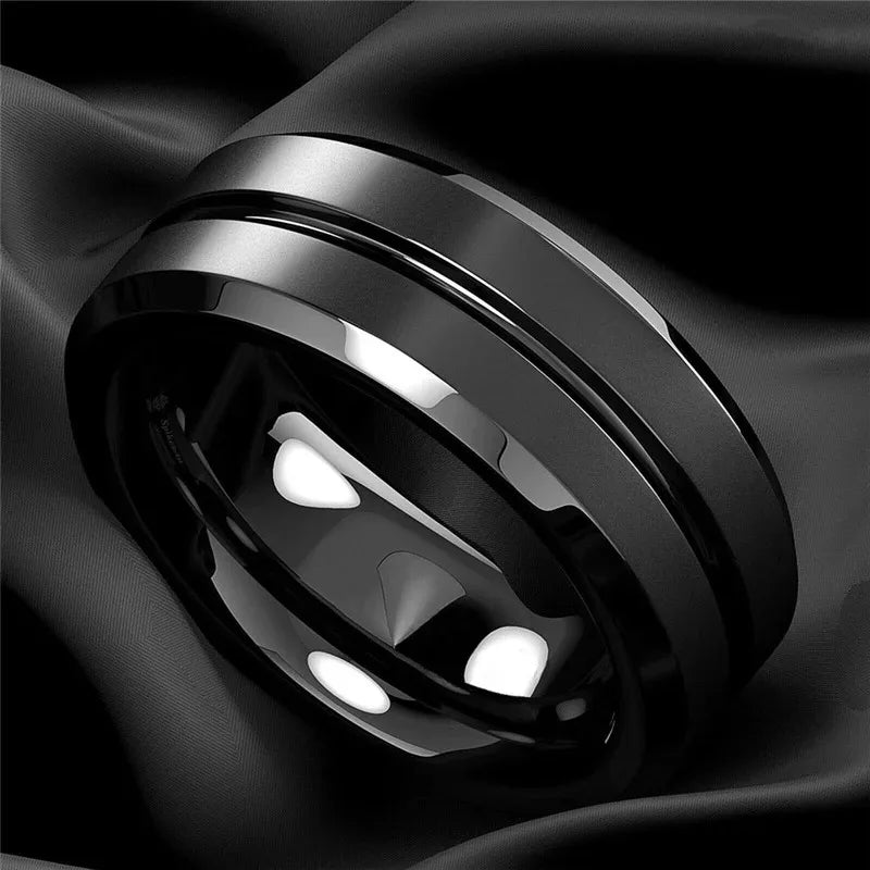 Fashion 8mm Men Rings Black Groove Matte Stainless Steel Rings For Men Wedding Engagement Jewelry Anniversary Birthday