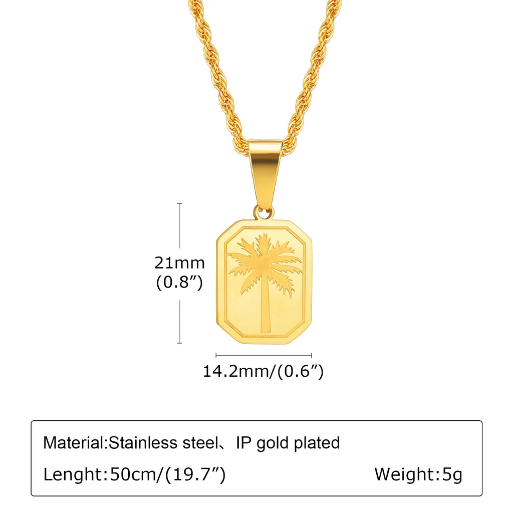 Palm Tree Square Pendant Necklace — Stainless Steel