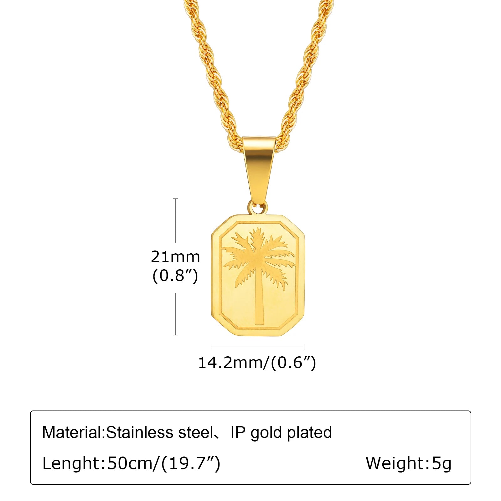 Palm Tree Square Pendant Necklace — Stainless Steel