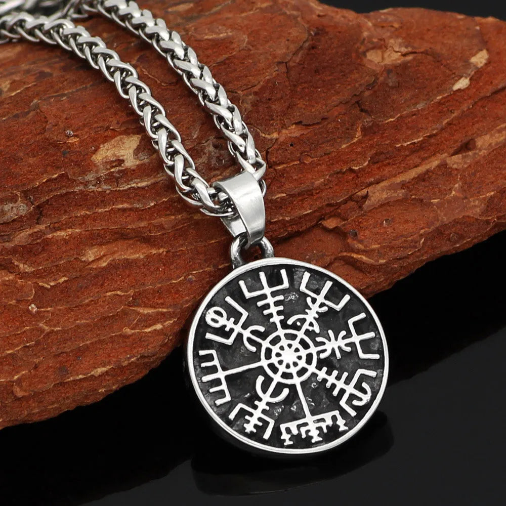 Vintage Viking Compass Stainless Steel Pendant Necklace Nordic Rune Amulet Biker Fashion Jewelry Accessories For Men Women