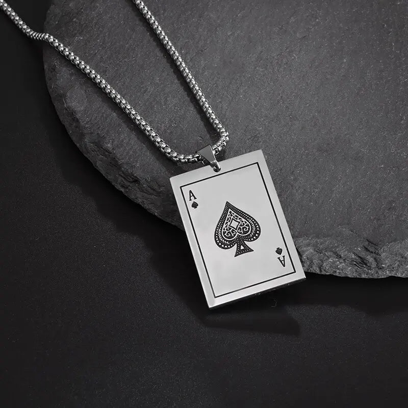 Lucky Spades Ace Playing Card Pendant Stainless Steel Casino Fortune Playing Card Necklace Men's Rock Punk Jewelry Gift