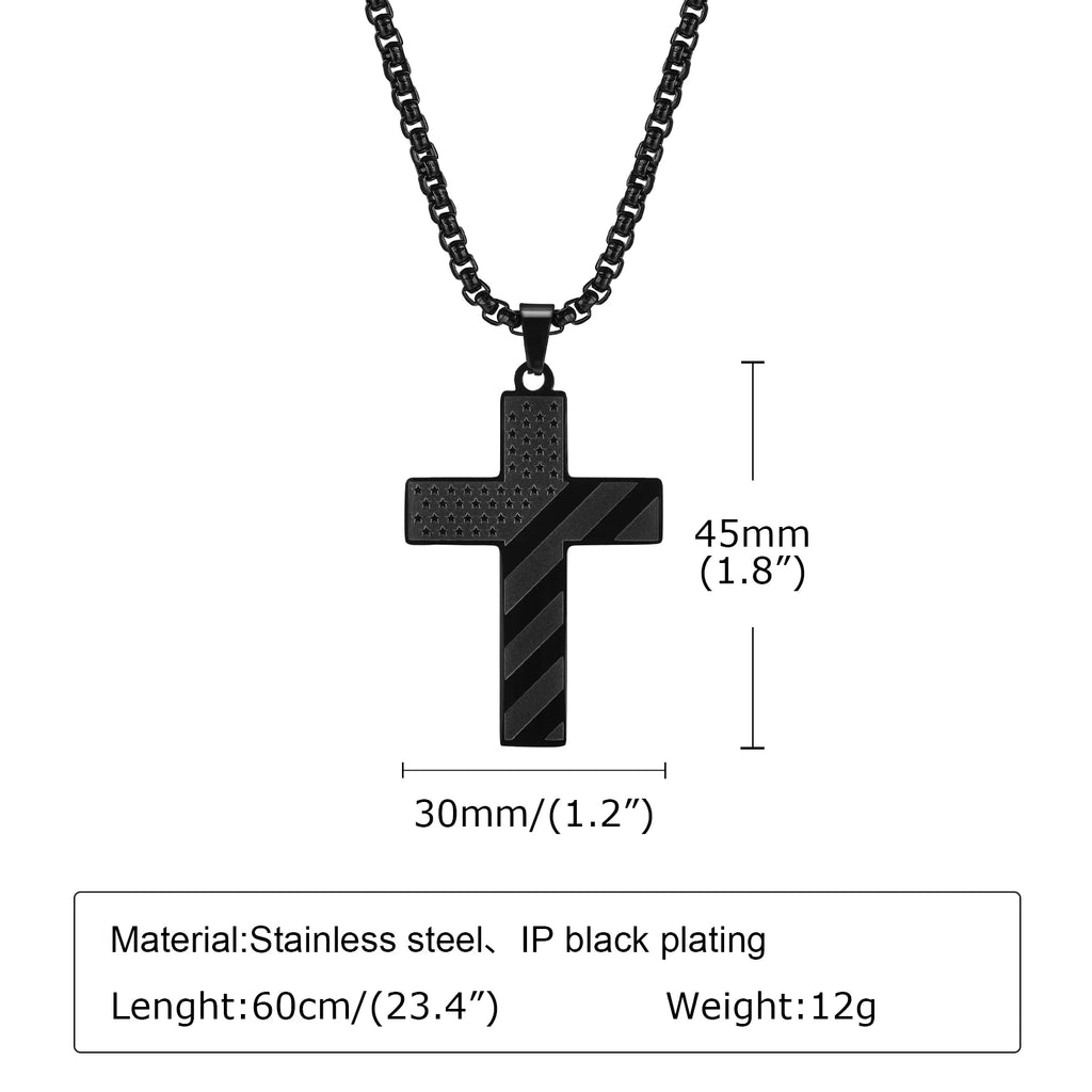 Vnox American Flag Cross Pendant Necklace for Men, Bold US Flag Textured Pendant, Black Stainless Steel Faith Jewelry