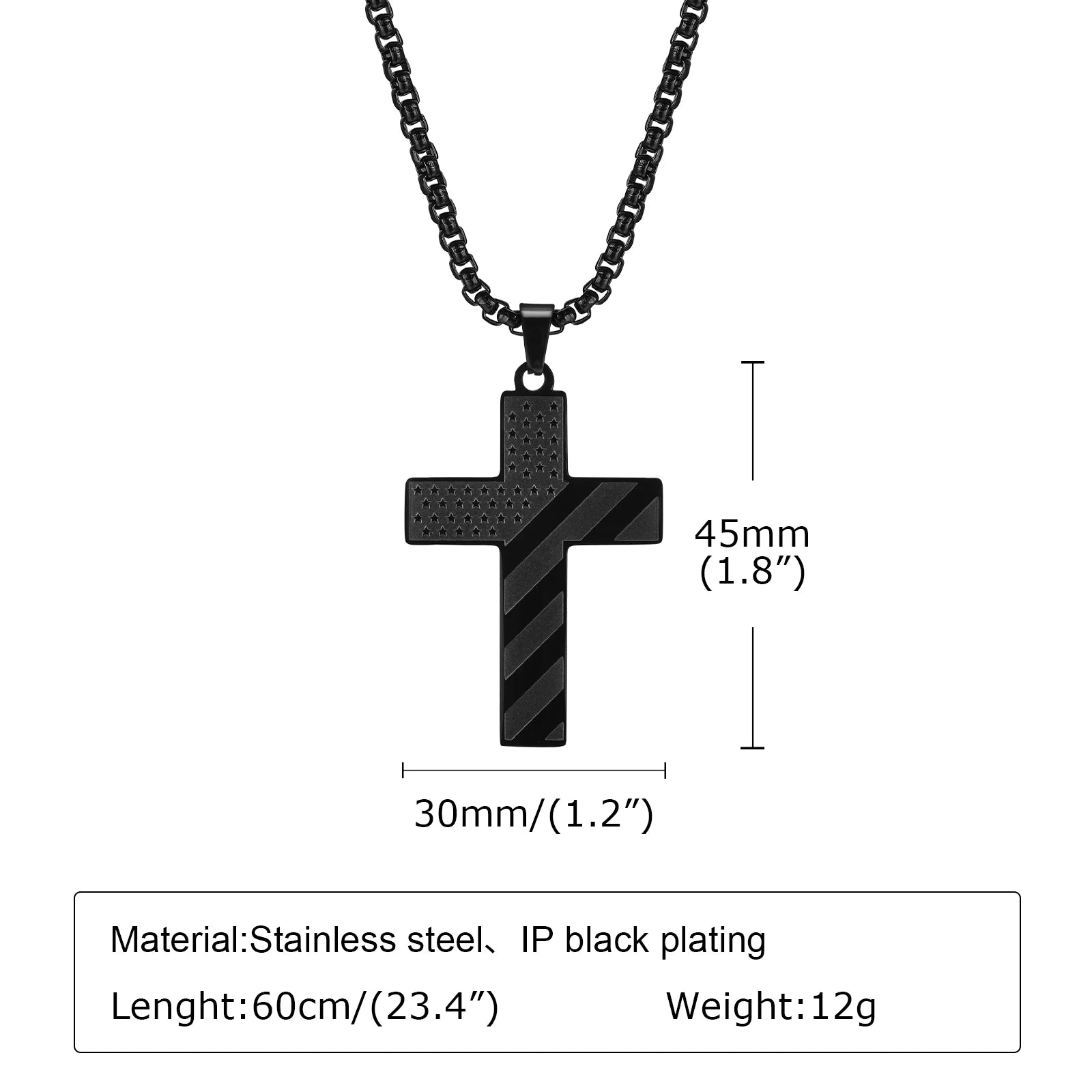 Vnox American Flag Cross Pendant Necklace for Men, Bold US Flag Textured Pendant, Black Stainless Steel Faith Jewelry