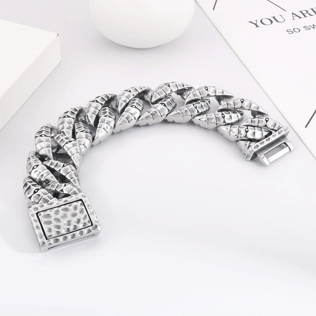 30mm Stainless Steel Dragon Heavy Curb Bracelet for Men Vintage Foundry Armor Tapping Pattern Cuban Male Bangle Jewelry