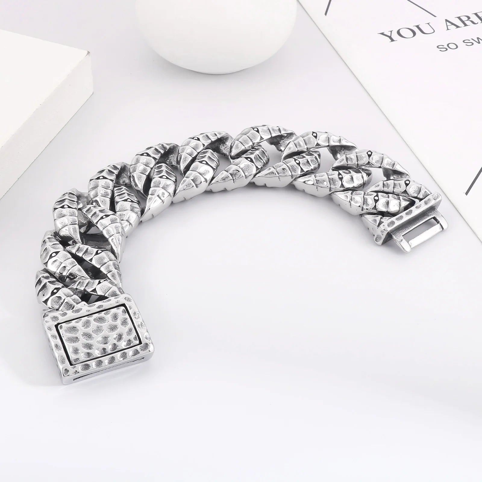 30mm Stainless Steel Dragon Heavy Curb Bracelet for Men Vintage Foundry Armor Tapping Pattern Cuban Male Bangle Jewelry
