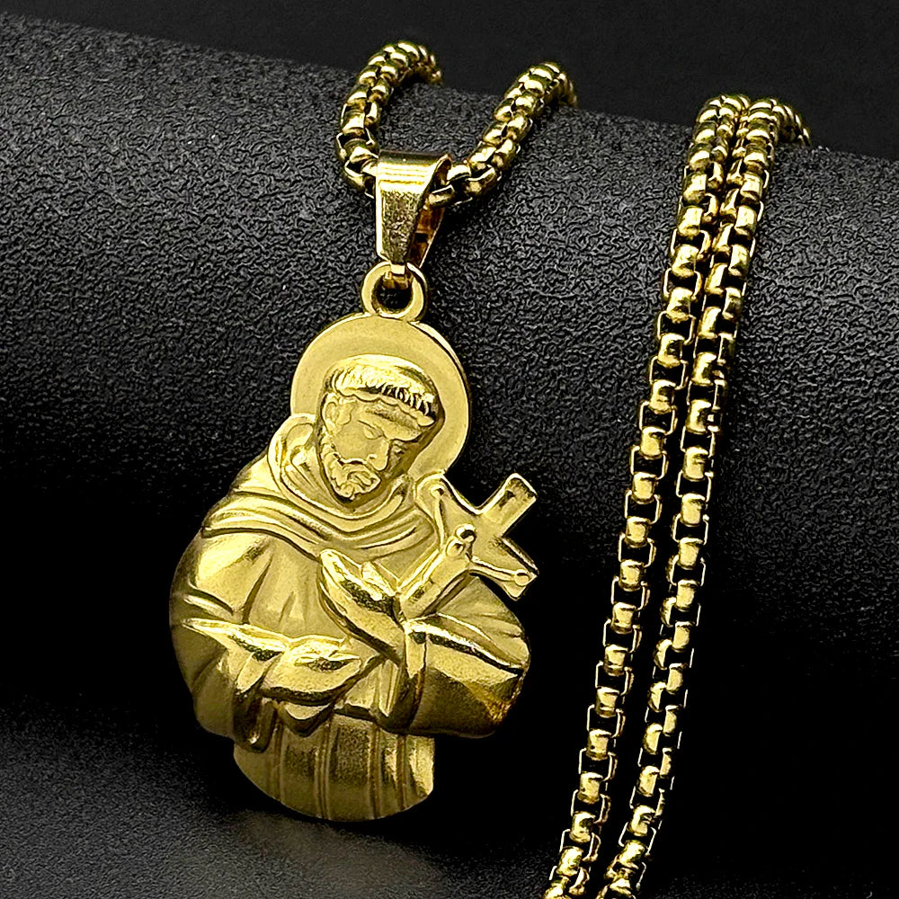 SAINT FRANCIS Hold Cross Pendant Necklace for Women Men Stainless Steel Gold Silver Color Christian Amulet Faith
