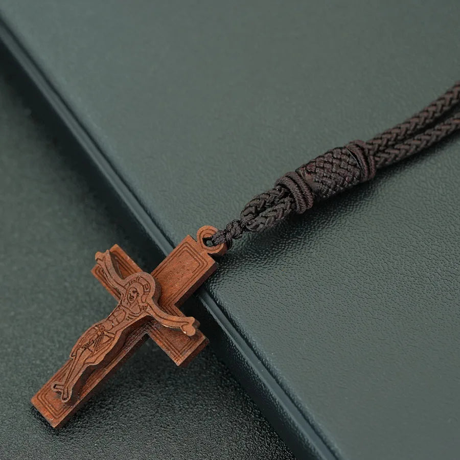 Retro Wooden Cross Pendant Necklace 24" Rope Cord