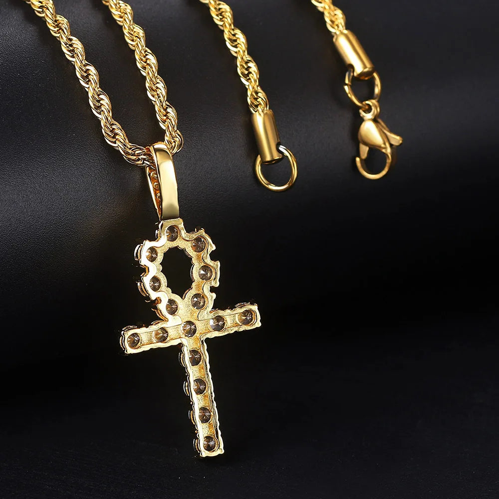 Gold Iced Out Cross Ankh Pendant Necklace