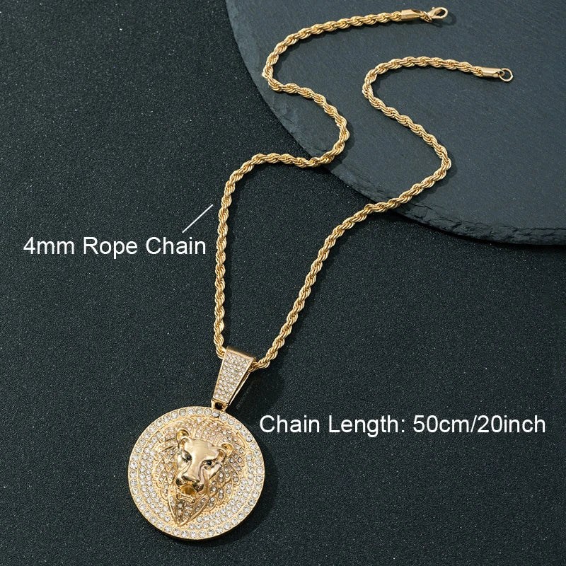 Hip Hop Big Lion Head Pendant Necklace Cuban Chain Necklace For Women Men Iced Out Full Rhinestone Necklace Jewelry