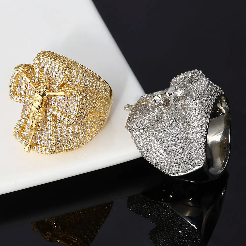 Iced Out Cross Jesus Ring Stainless Steel CZ