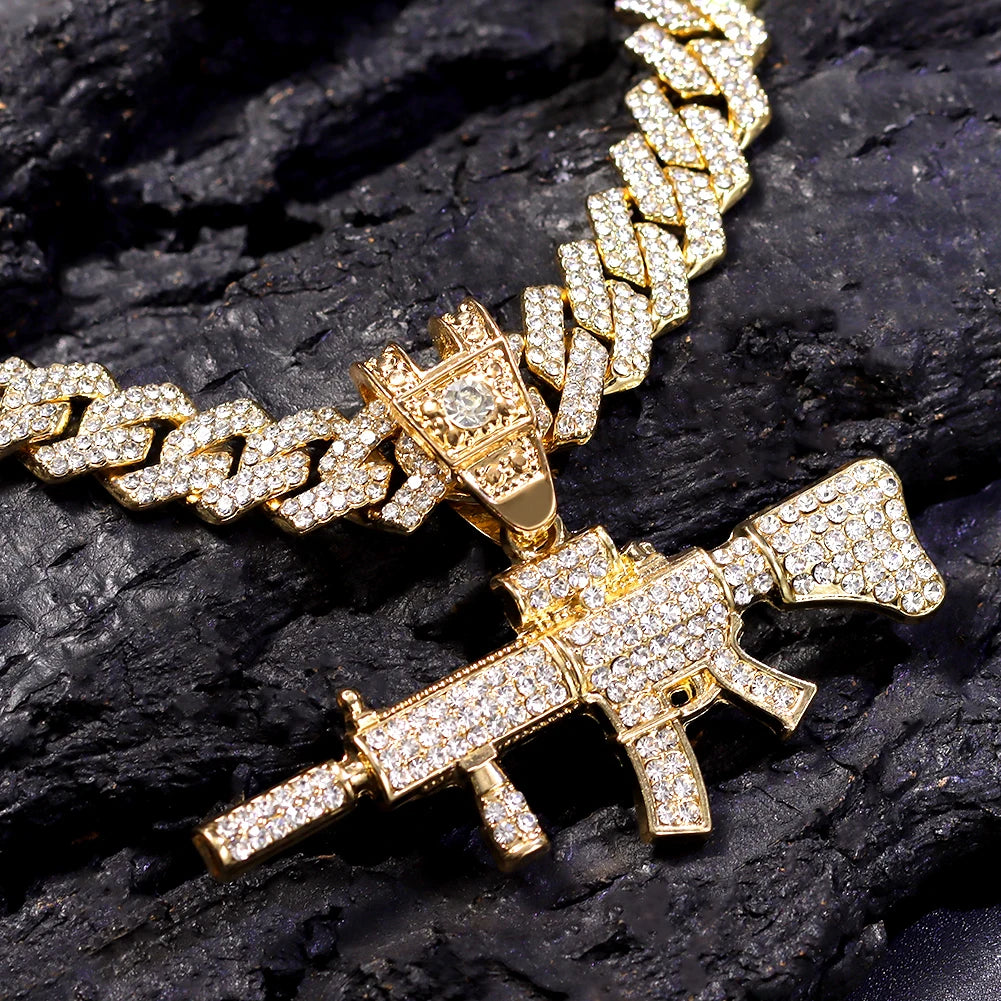 Men Women 14MM Cuban Chain AK47 Gun Pendant Necklace Iced Out AAA Rhinestone Prong Miami Cuban Link Chain Hip Hop
