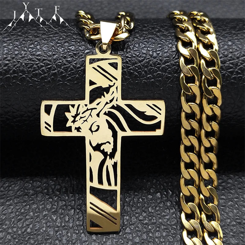 Hip Hop Punk Crown of Thorns Jesus Cross Necklace for Men Stainless Steel Gold Plated Crucifix Pendant Necklaces