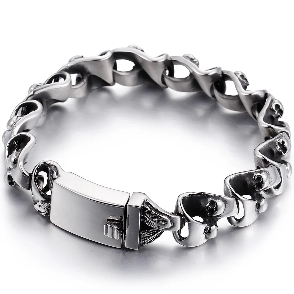 Punk Rock Man Bracelet Stainless Steel Wide Skull Head Link Chain Bracelets for Men Gothic Men's Bikers' Jewelry