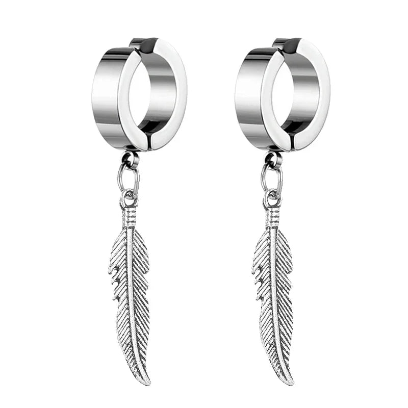 Feather Dangle Huggie Hoop Earrings for Men — Stainless Steel