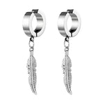 Feather Dangle Huggie Hoop Earrings for Men — Stainless Steel