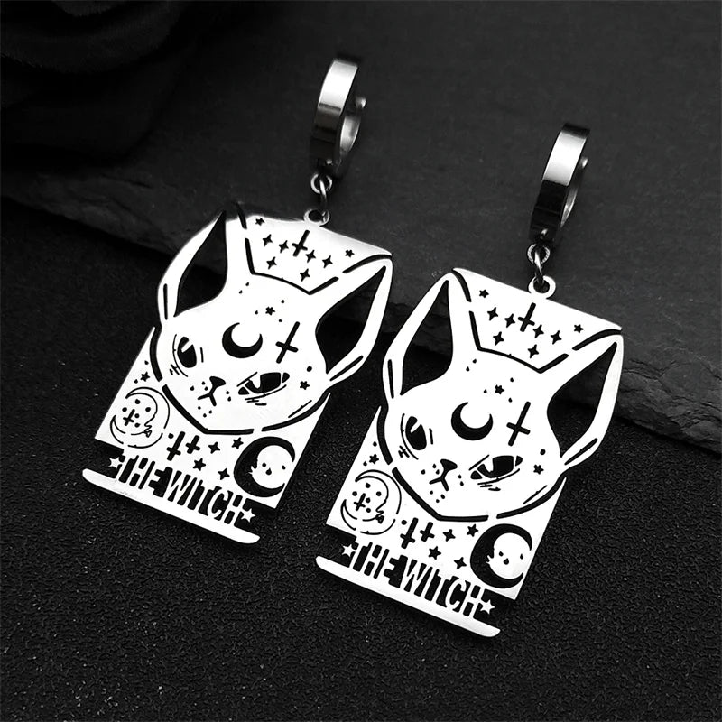 Cat Silver Earrings Gothic Witch Moon Long Hoop