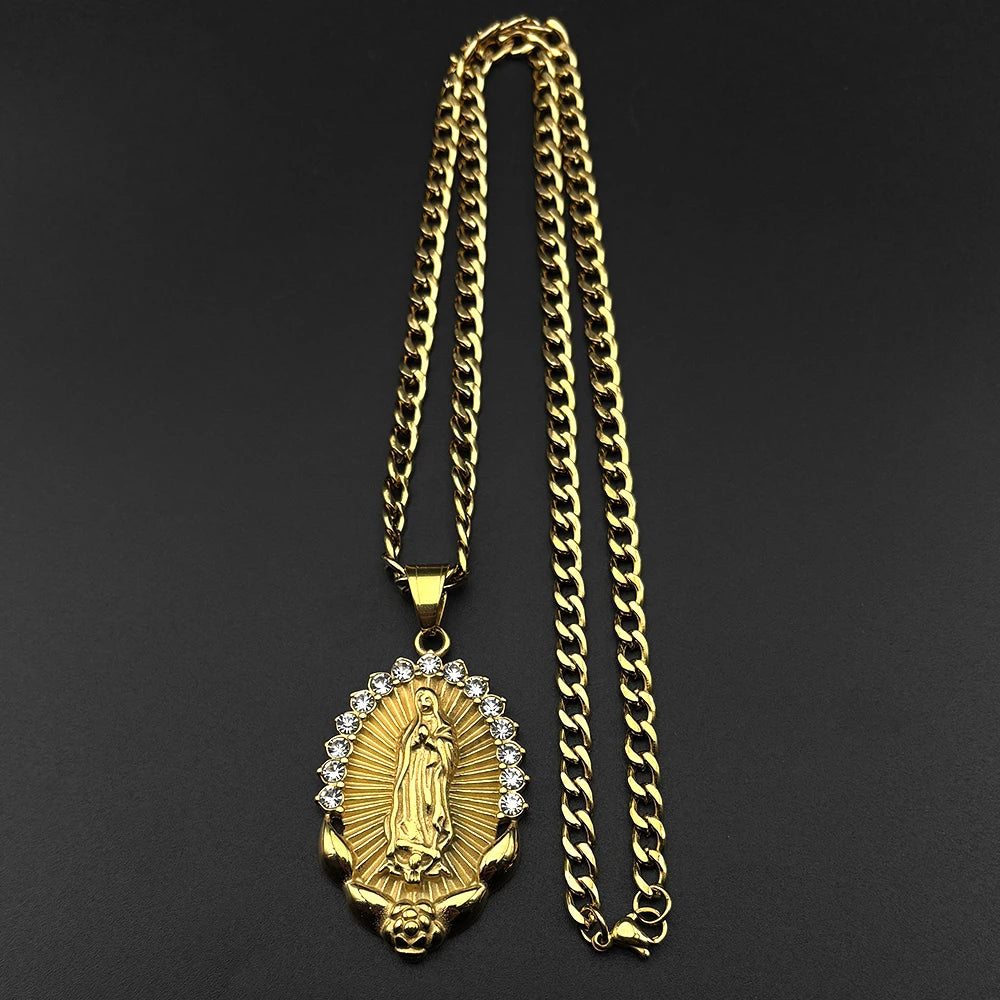 Our Lady of Guadalupe Rhinestone Necklace — Stainless Steel
