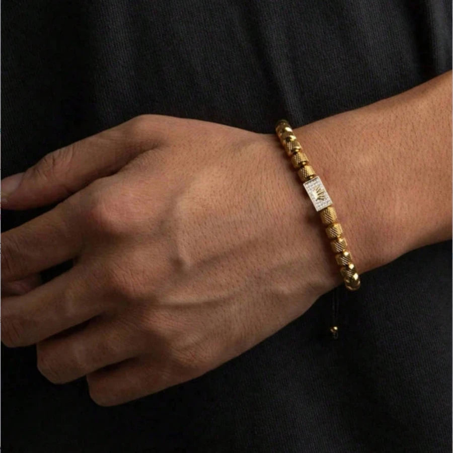 Gold Crown Pendant Beaded Bracelet Adjustable — Stainless Steel