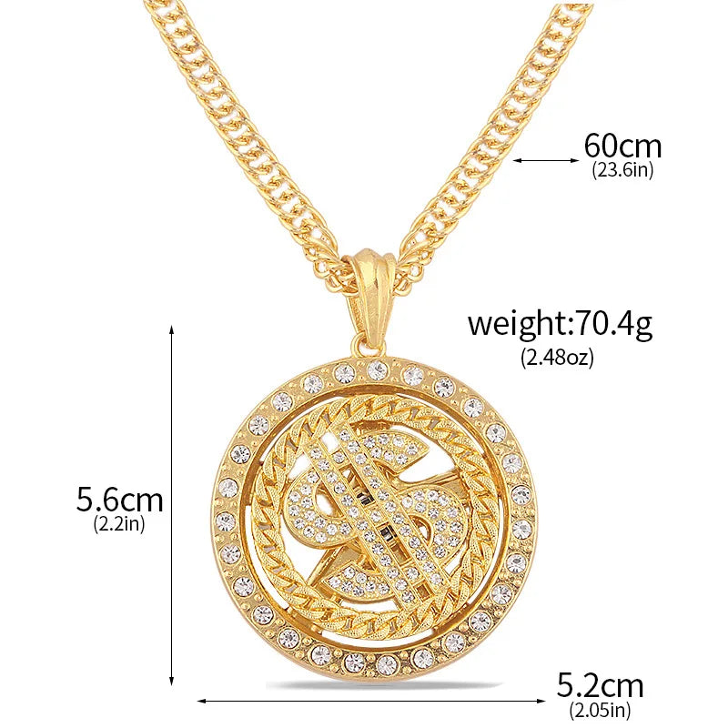 Rotatable Crystal US Dollar Sign Pendant Necklace