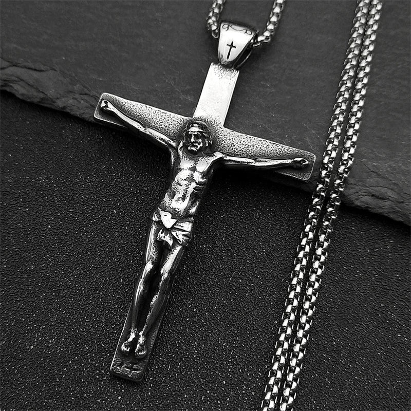 Stainless Steel Christian Jesus Cross Crucifix Pendants Necklaces for Men Women Silver Color Chain Necklaces Jewelry