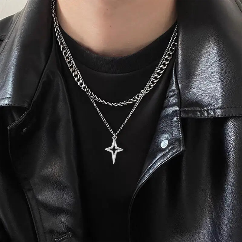 Personalized Punk Cross Star Chain Double Layer Necklace For Men Women Y2K Fashion Trend Rock Party Grunge EMO