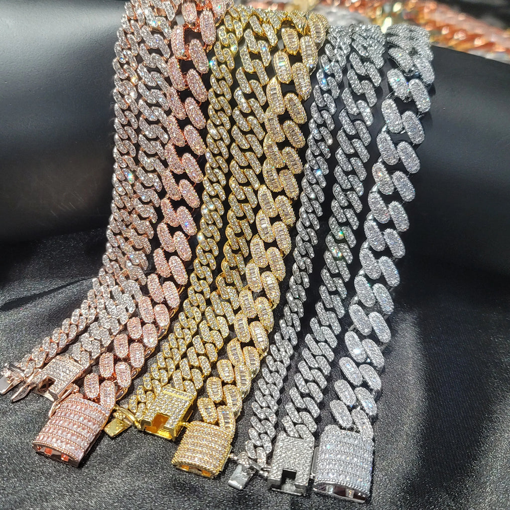 Fashion Hip Hop Miami Cuban Necklace Chain Full Diamonds 9mm 12mm 15mm 20mm 24mm Pendant Chains Long Buckle Closure Jewelry Gift