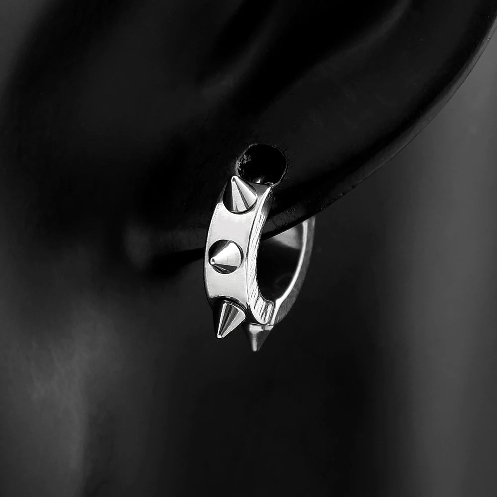 Stainless Steel Spiked Huggie Hoop Earrings for Men Women Black Punk Cone Rivet Spike Clicker Earrings Gothic Rock