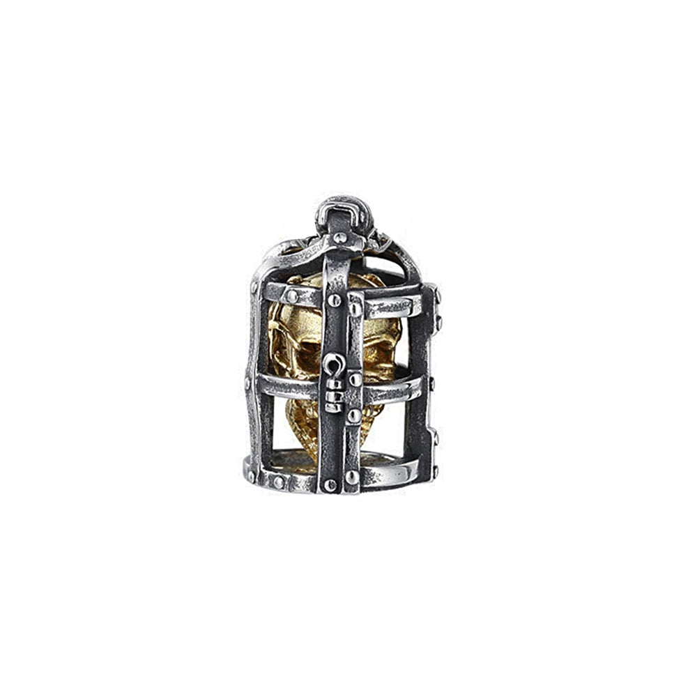 Gothic Cage Skull Pendant Necklace — Gold-Tone, Stainless Steel