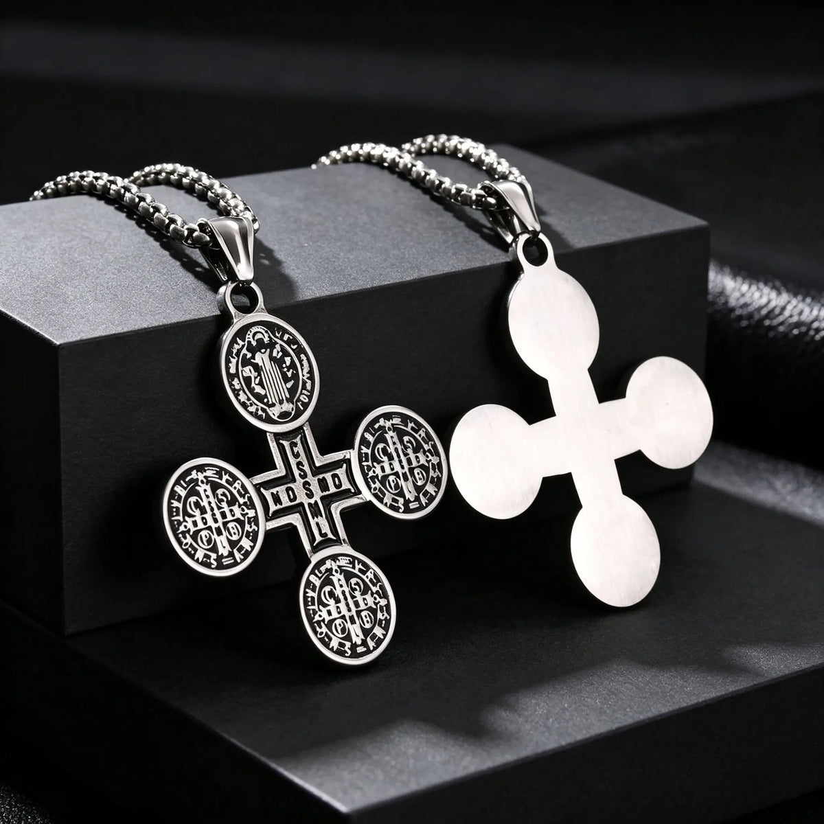 Saint Benedict Cross Medal Necklace — Silver, Stainless Steel