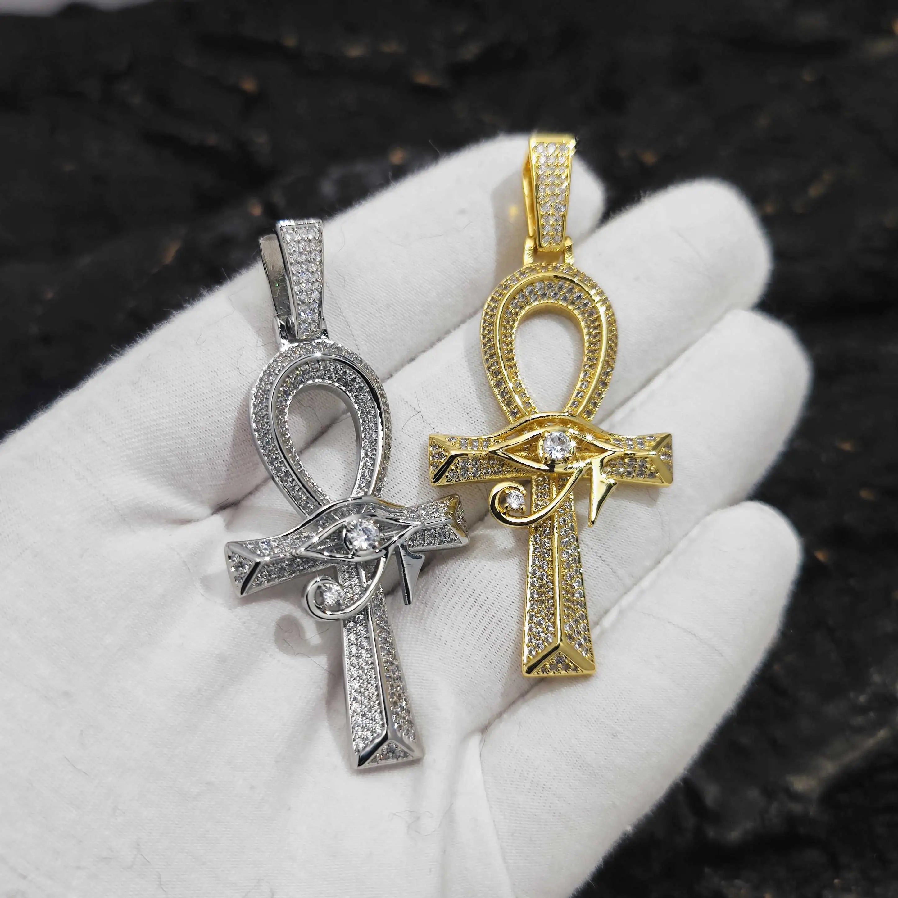 Gold Cross Ankh Pendant Necklace Iced Out 18K