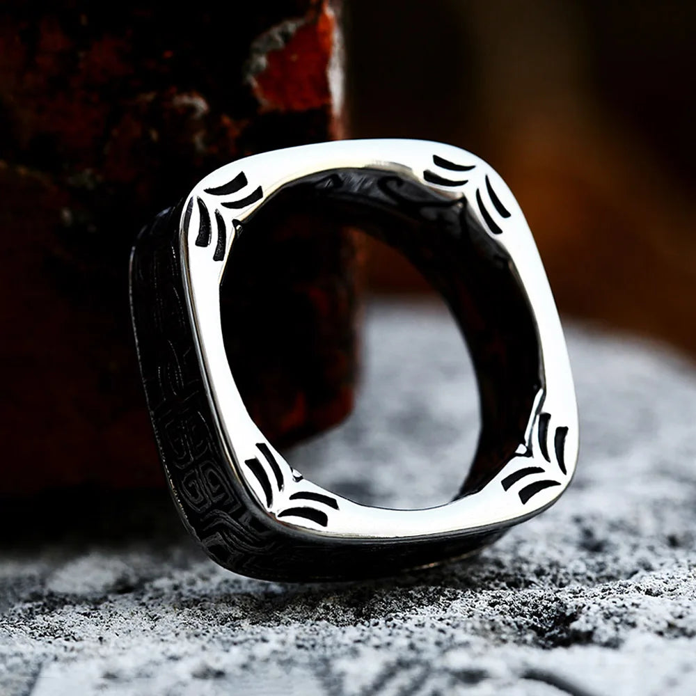 Viking Steel Ring Vintage Square Embossed Pattern