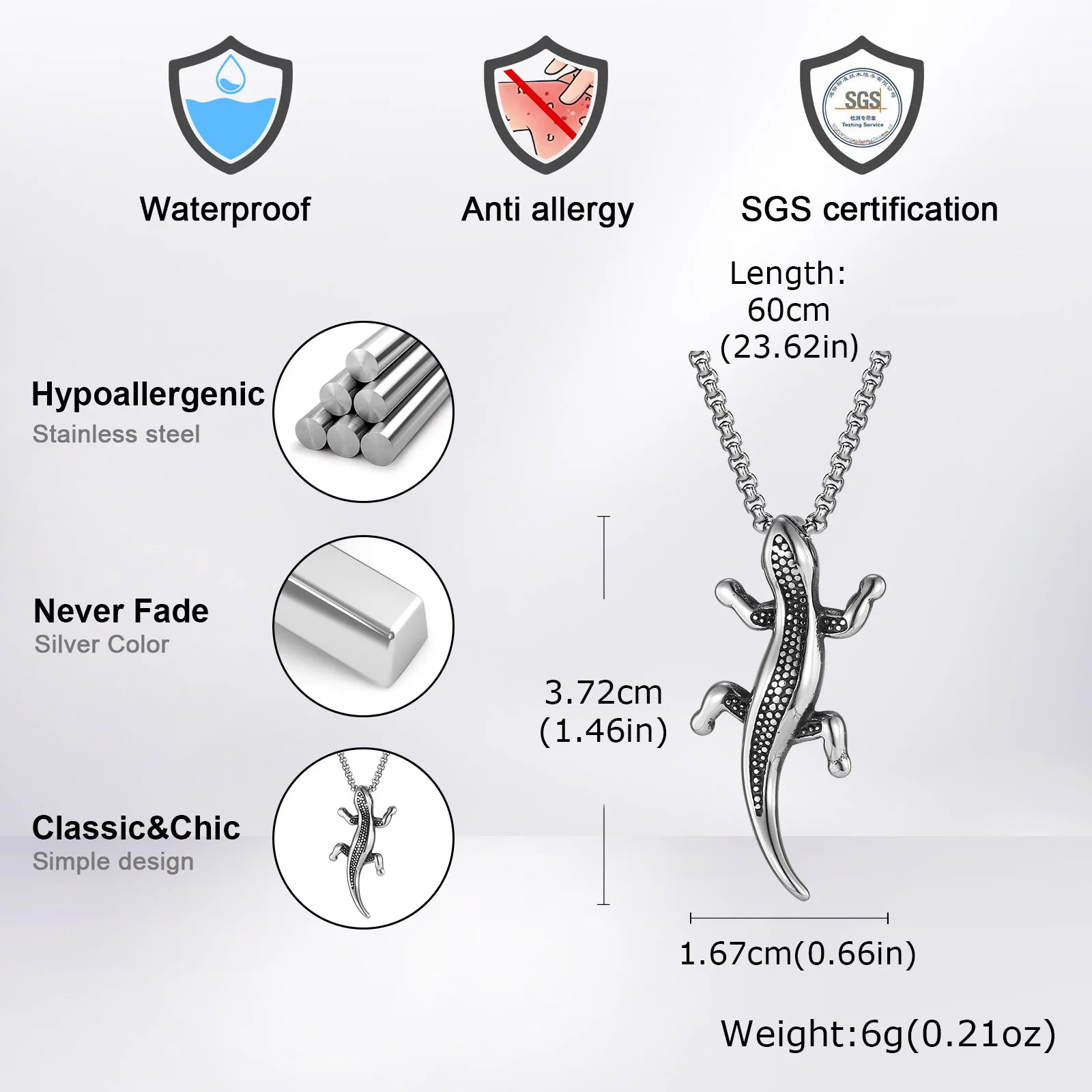 Unique Gecko Lizard Pendant Necklace for Men Male, Stainless Steel Hip Hop Animal Necklace, Fashion Jewelry Creativity Gift