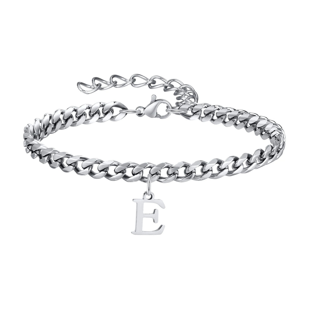 Vnox A-Z Initial Bracelets for Men Women, Never Fade Silver Color Stainless Steel Cuban Chain Bracelet with 26 Letter