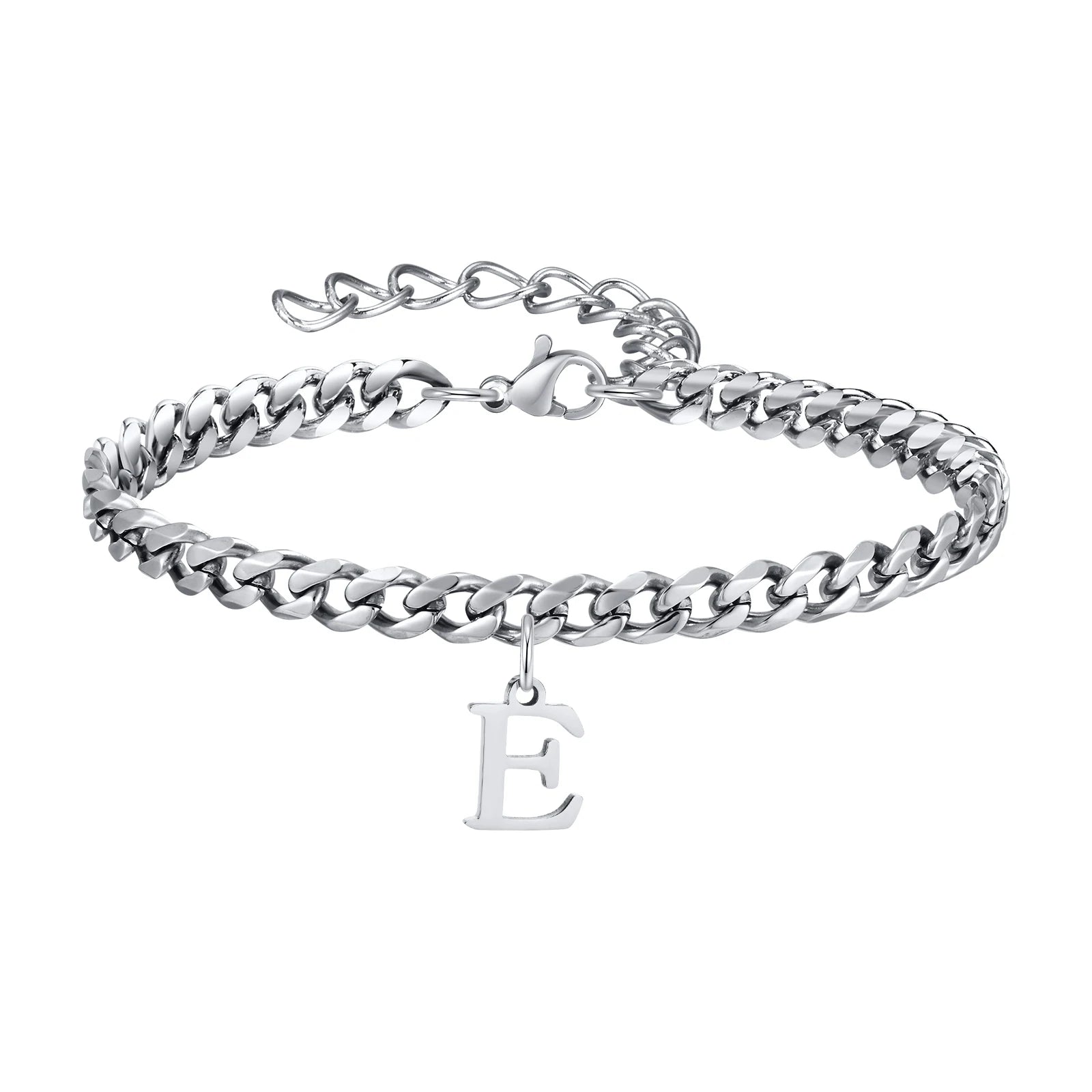 Vnox A-Z Initial Bracelets for Men Women, Never Fade Silver Color Stainless Steel Cuban Chain Bracelet with 26 Letter