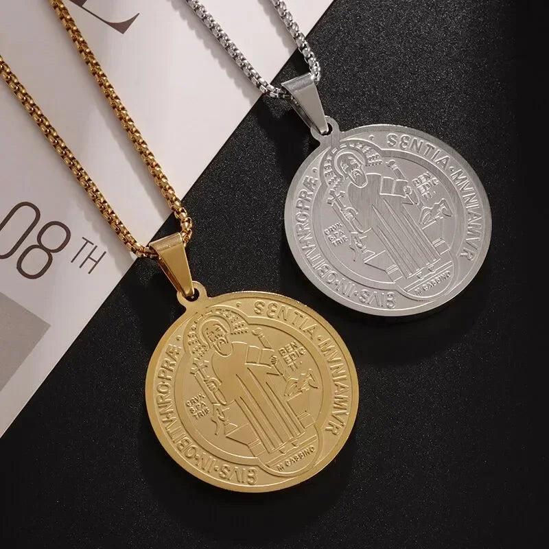 Saint Benedict Medallion Stainless Steel Pendant Zircon San Benito Collares Necklace Amulet Religious Cross Jesus