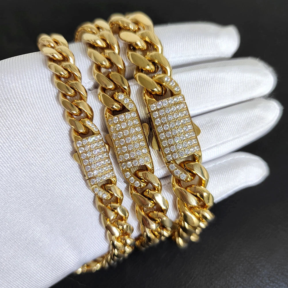 Gold Cuban Chain Necklace Iced Out 8MM Diamond Clasp