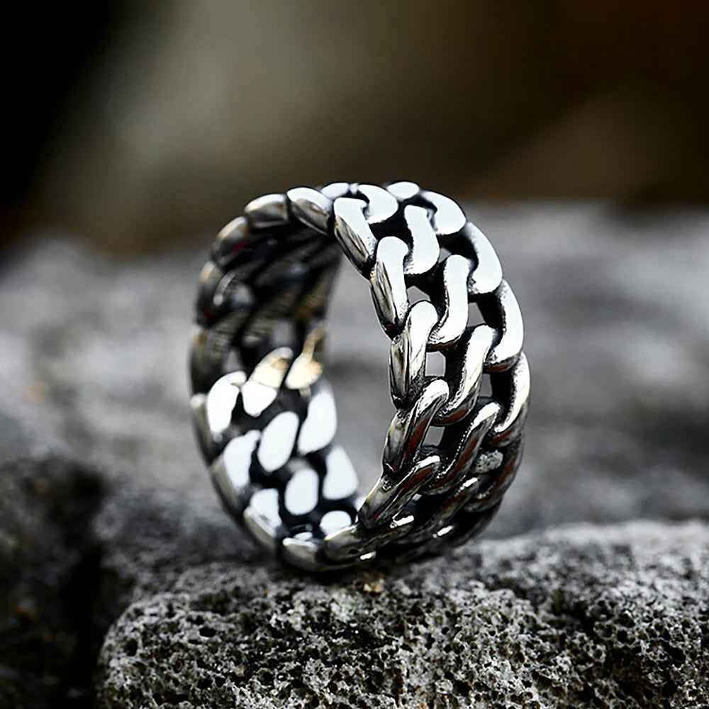 Simple Vintage Stainless Steel Link Chain Rings Punk Biker Fashion Creative Cuba Chain Ring For Men Women Jewelry Gift