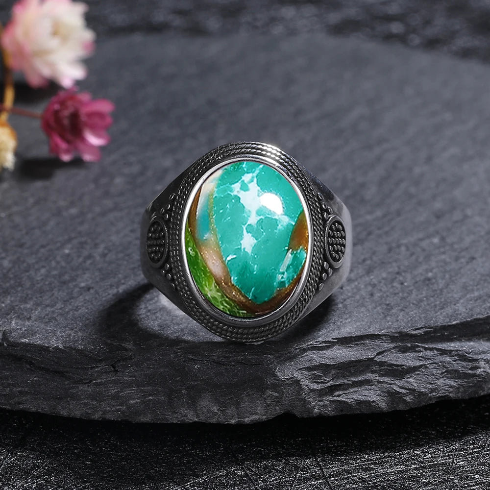 Silver Plated Rings Large Natural 10x14MM Black Agate Ring for Women Men Silver Party Jewelry Tiger Eye Turquoise Lapis