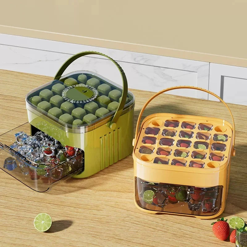 Compact Double Layer Ice Cube Tray with Lid and Bin, Pull-Out Ice Drawer with Portable Handle, Kitchen Accessories