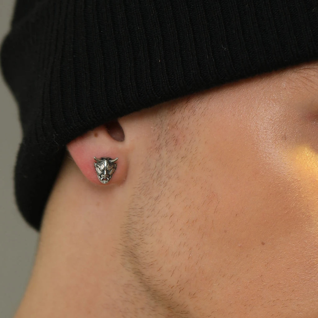 Japanese Oni Hannya Mask Stud Earrings — Stainless Steel
