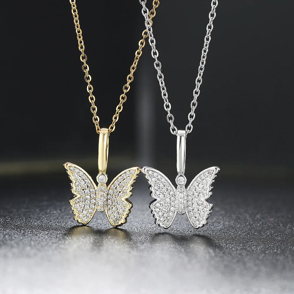 Cross Pendant Necklace Iced Out Butterfly CZ