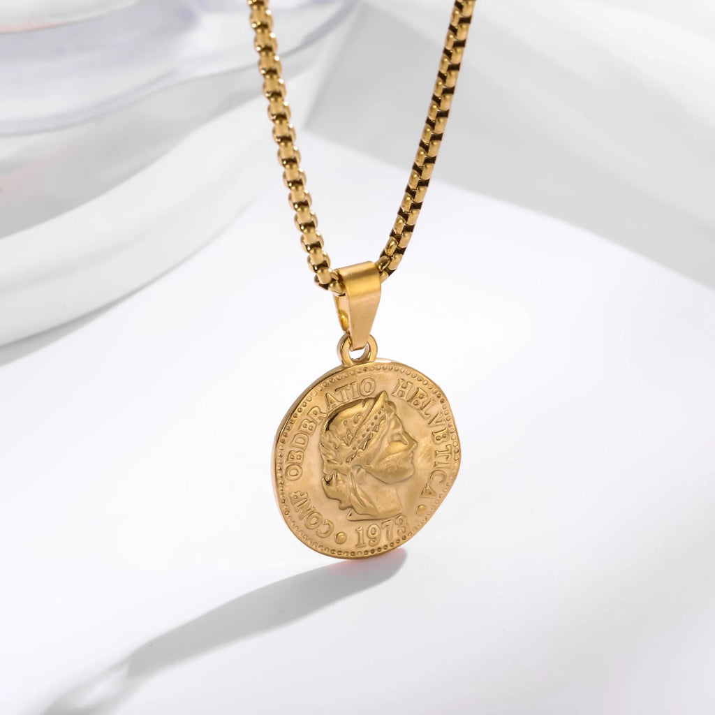 Chunky Punk Style Portrait Round Shape Pendant Necklace Waterproof Stainless Steel Popcorn Link Chain Male Hip Hop Jewelry Gifts