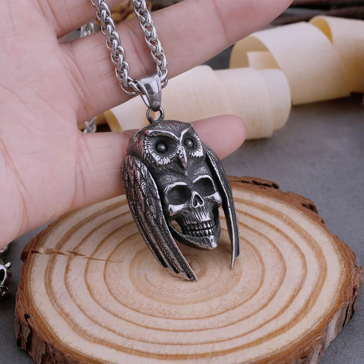 Skull Owl Pendant Necklace — Stainless Steel