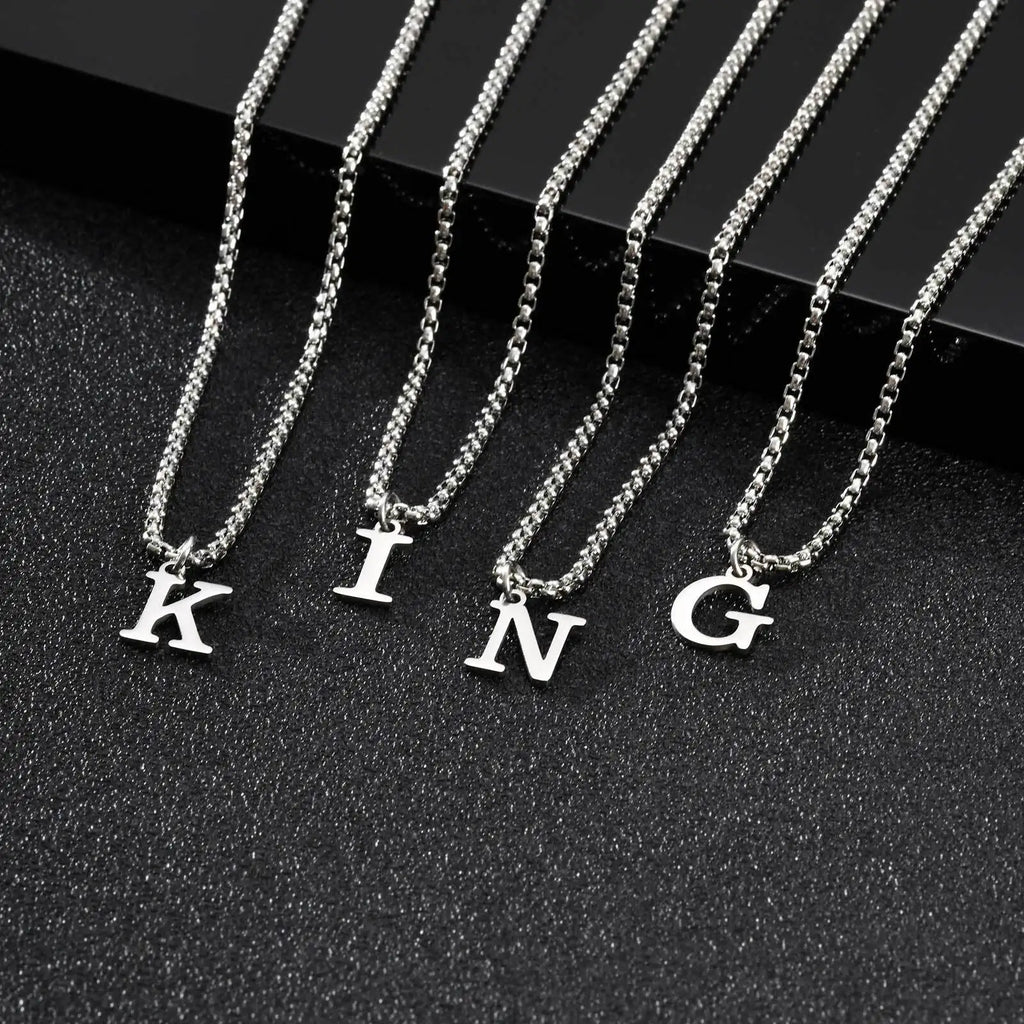 Initial Letter Box Chain Necklace — Stainless Steel