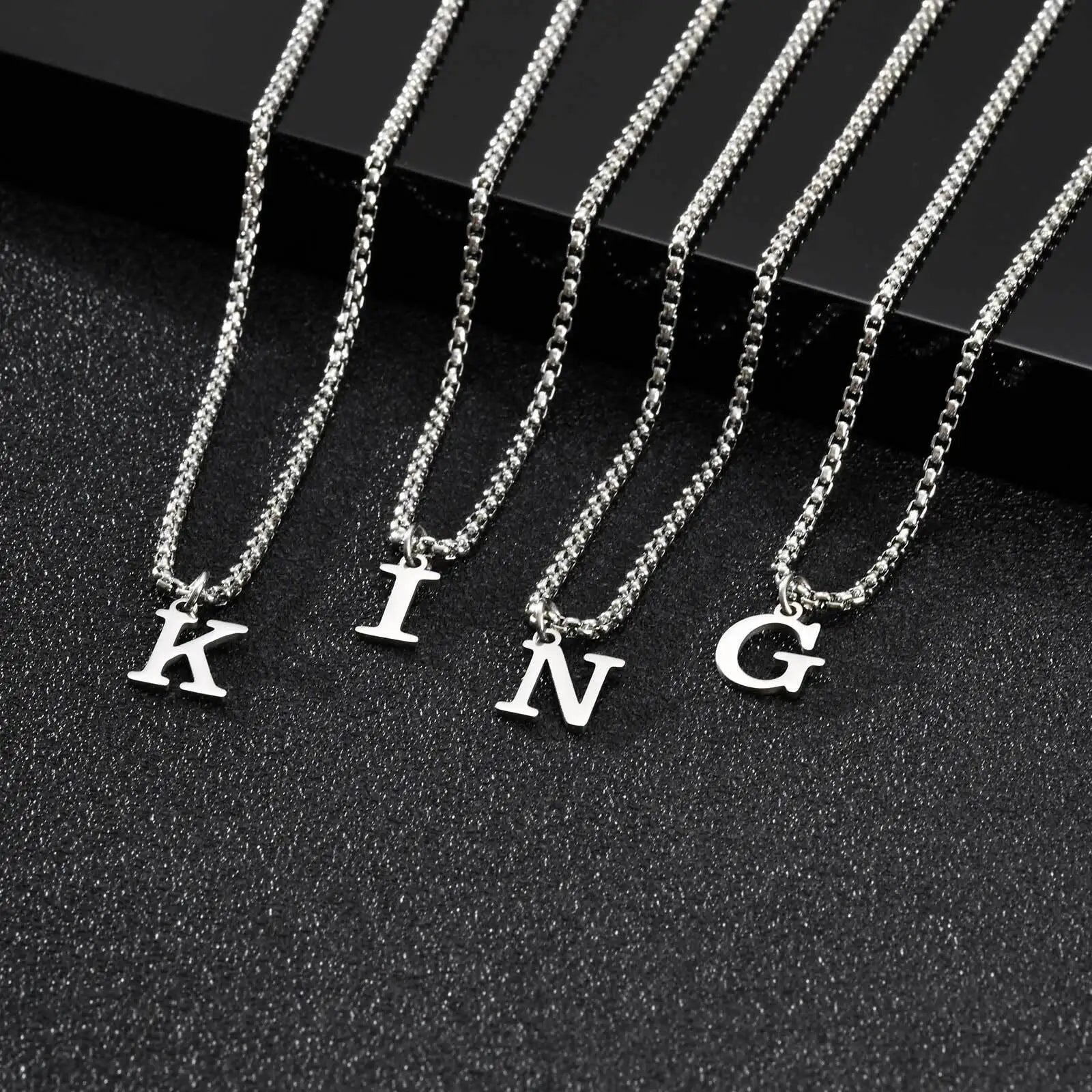 Initial Letter Box Chain Necklace — Stainless Steel