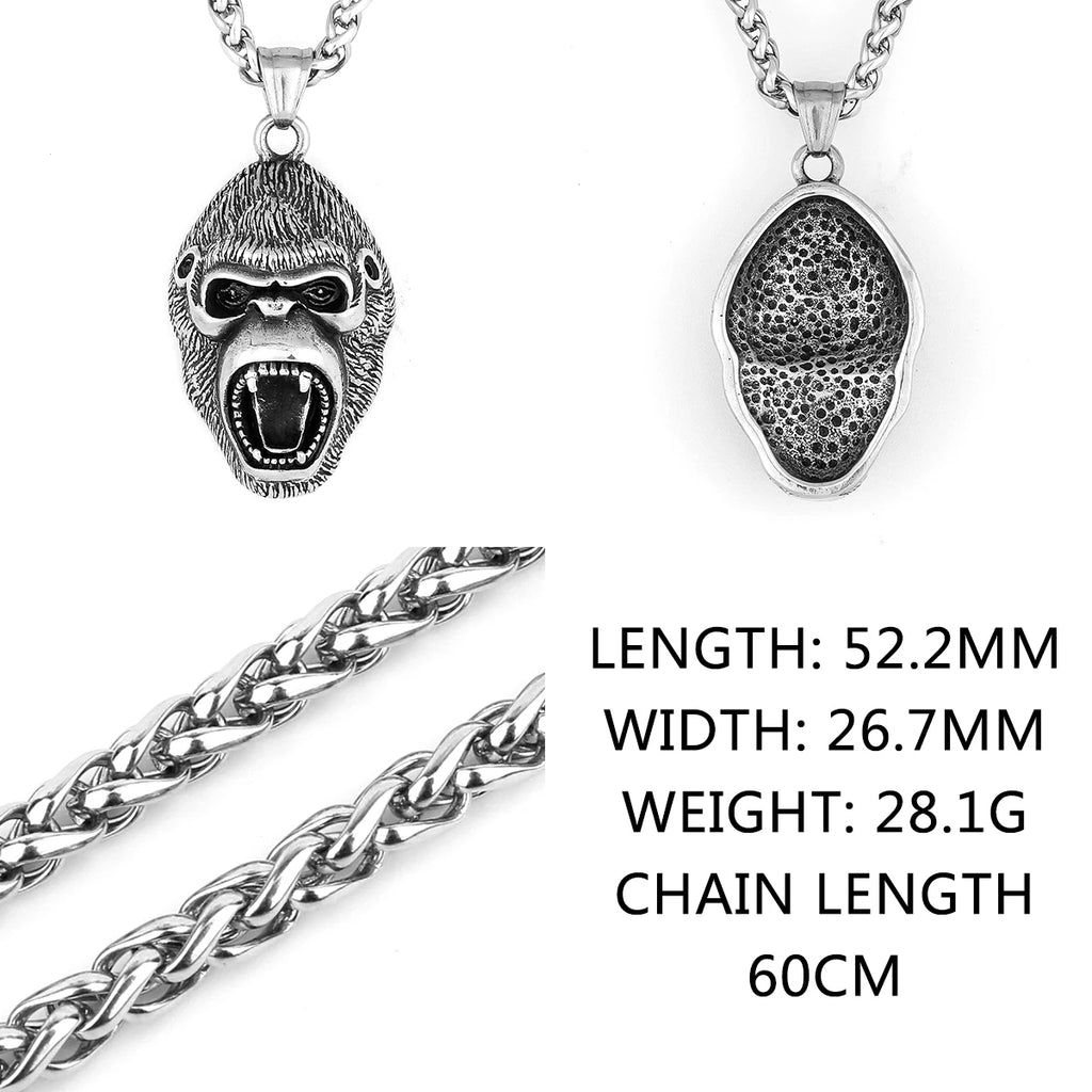 Stainless Steel Animal Gorilla Pendant Necklace Men's Domineering Roar Necklace Biker Vintage Punk Chain Jewelry Party